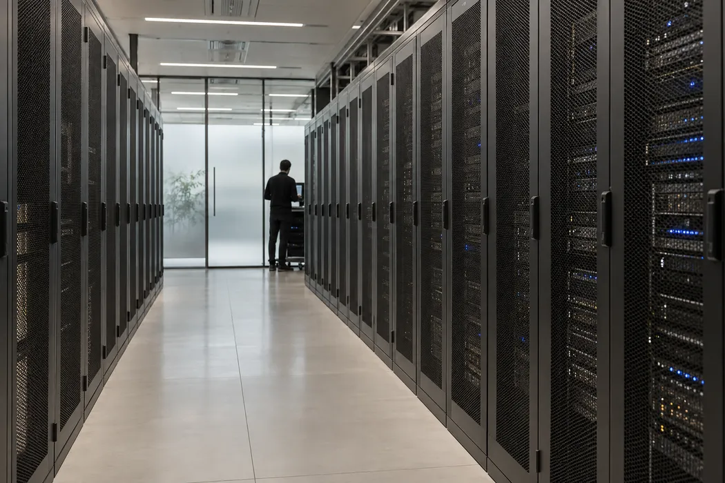A private compute room with orderly server cabinets.