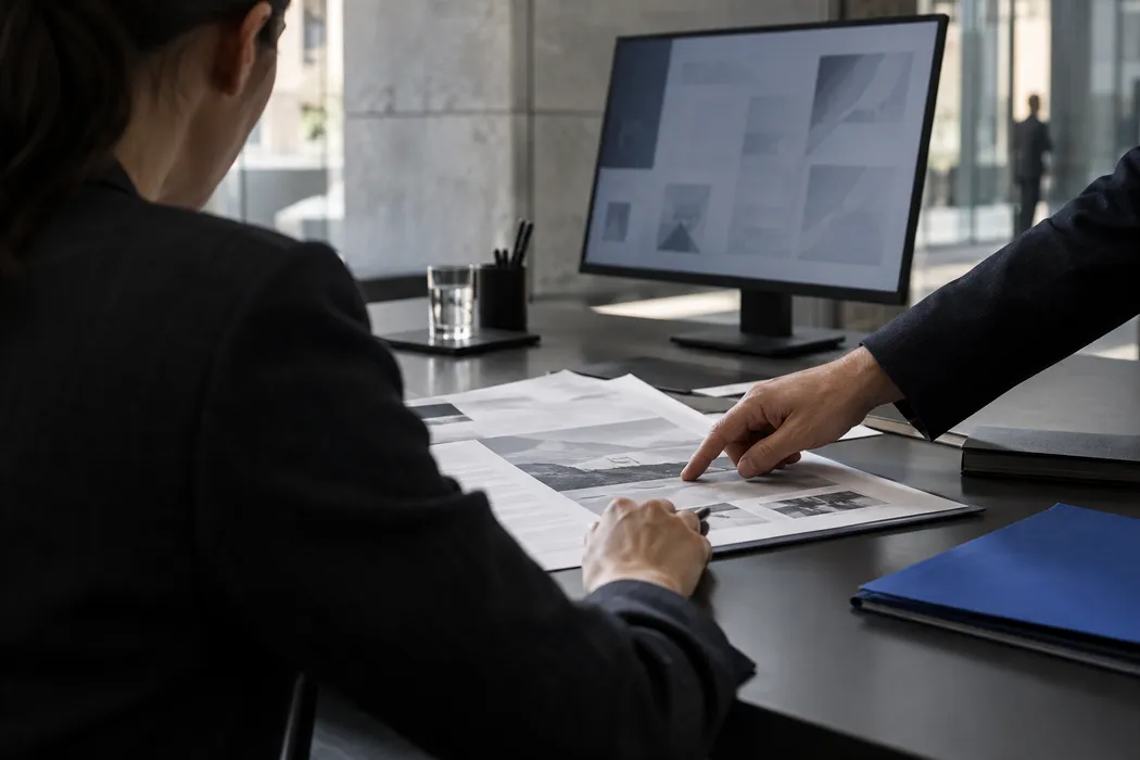 Colleagues reviewing documents at an operations desk.
